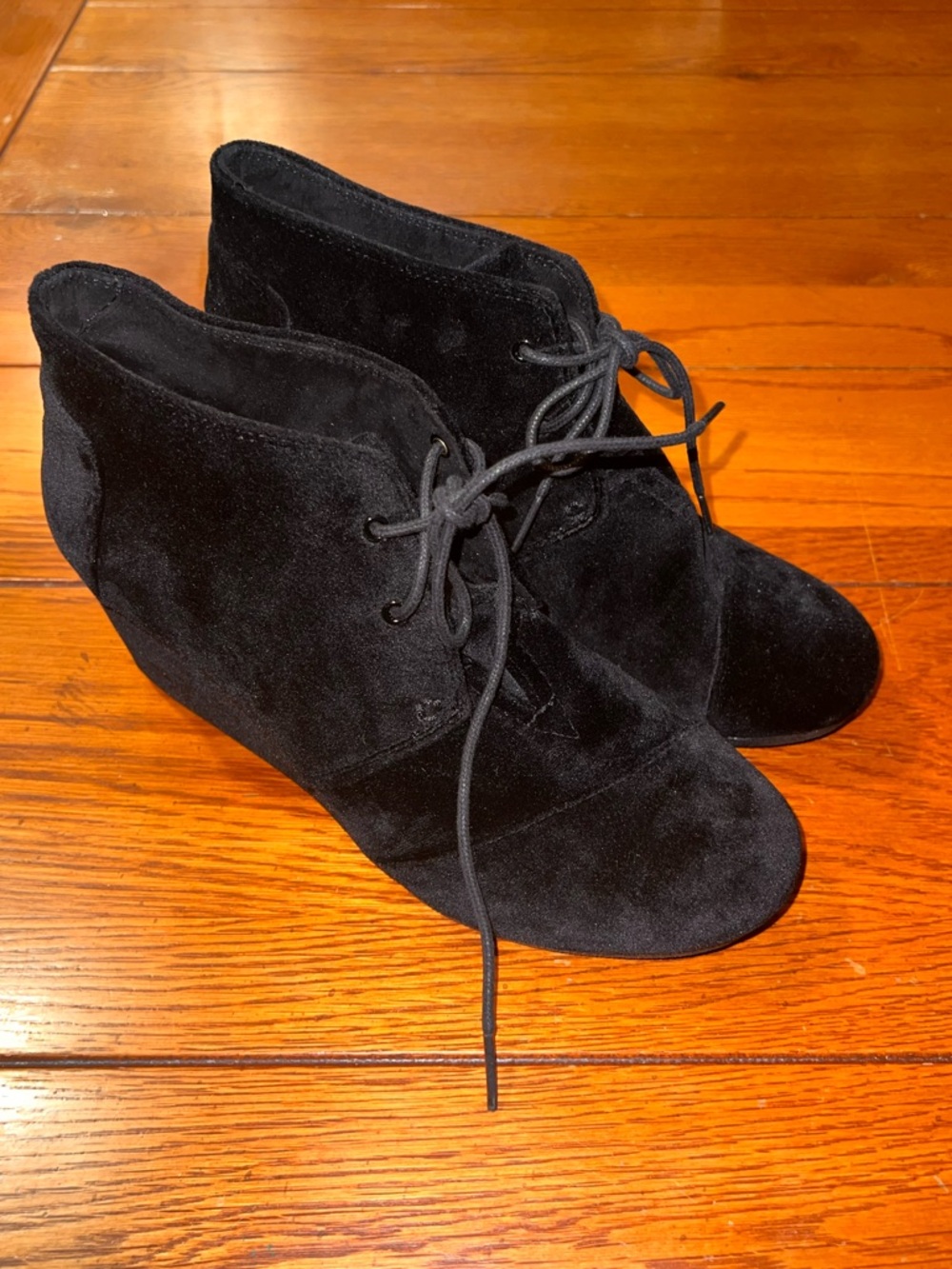 Toms Black Suede Lace-Up Wedge Ankle Booties